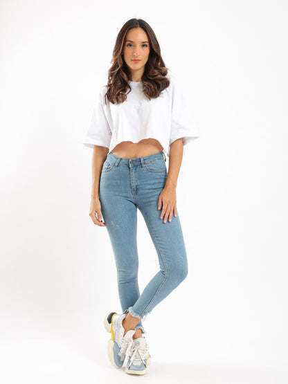 Cropped Oversized T-Shirt - Plain Pattern - Crew Neck