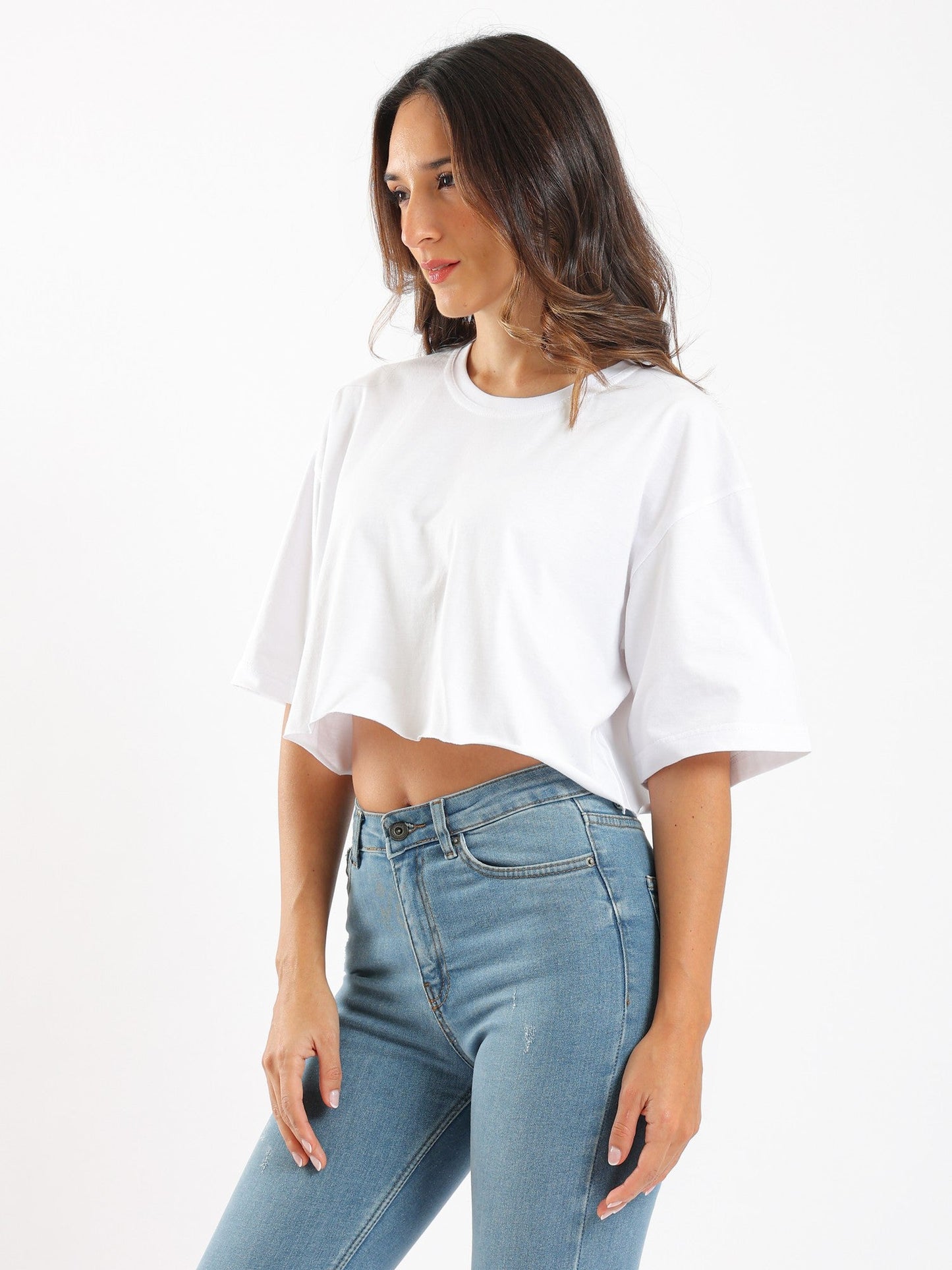 Cropped Oversized T-Shirt - Plain Pattern - Crew Neck