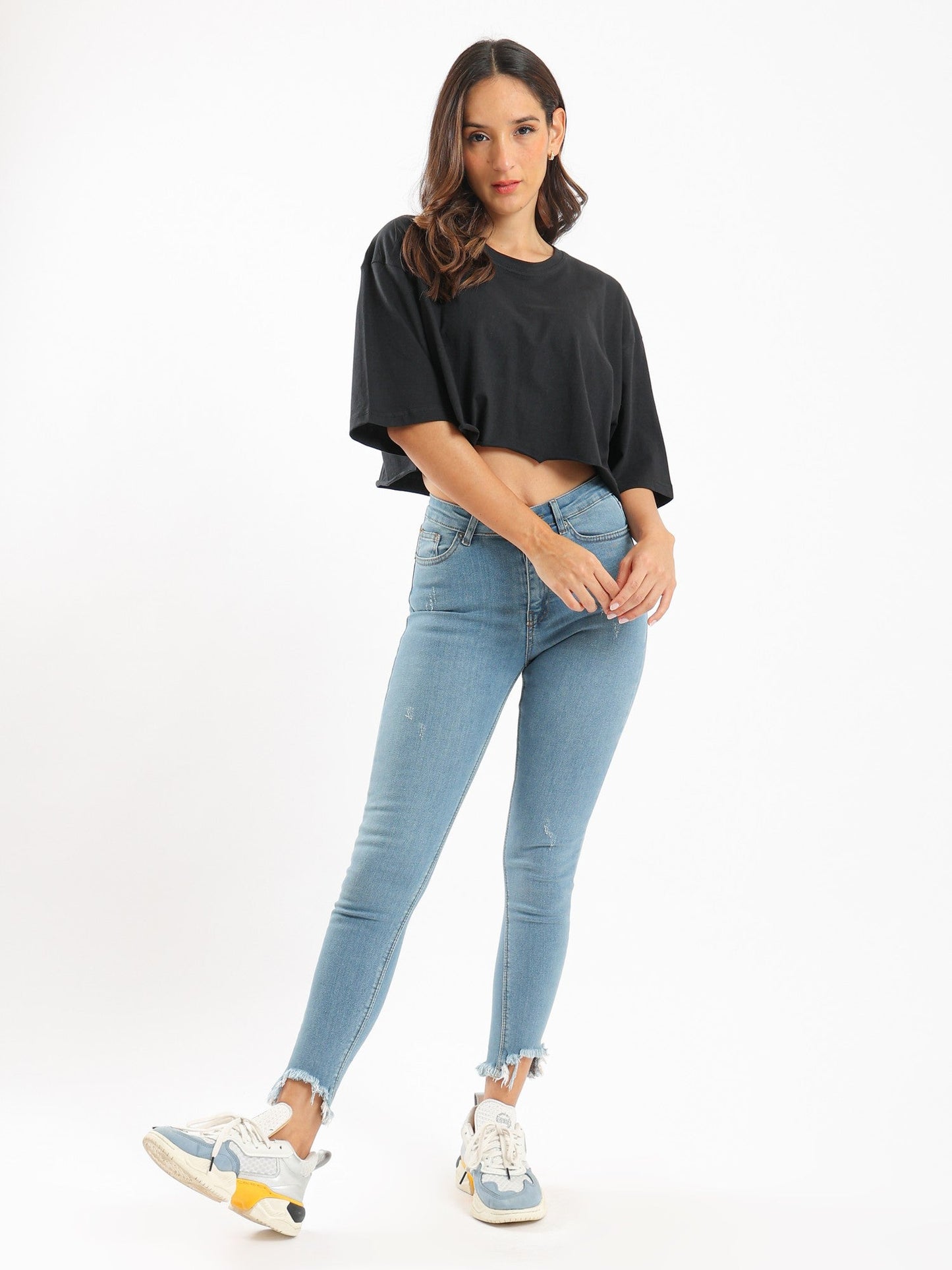 Cropped Oversized T-Shirt - Plain Pattern - 3\4 Sleeves