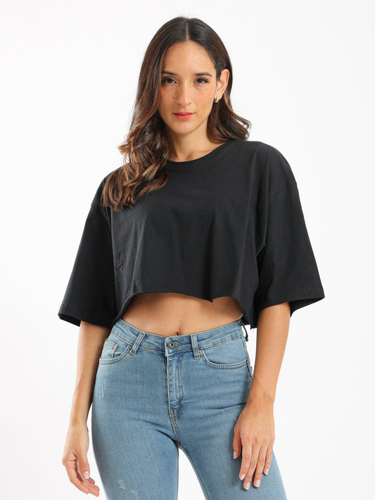 Cropped Oversized T-Shirt - Plain Pattern - 3\4 Sleeves