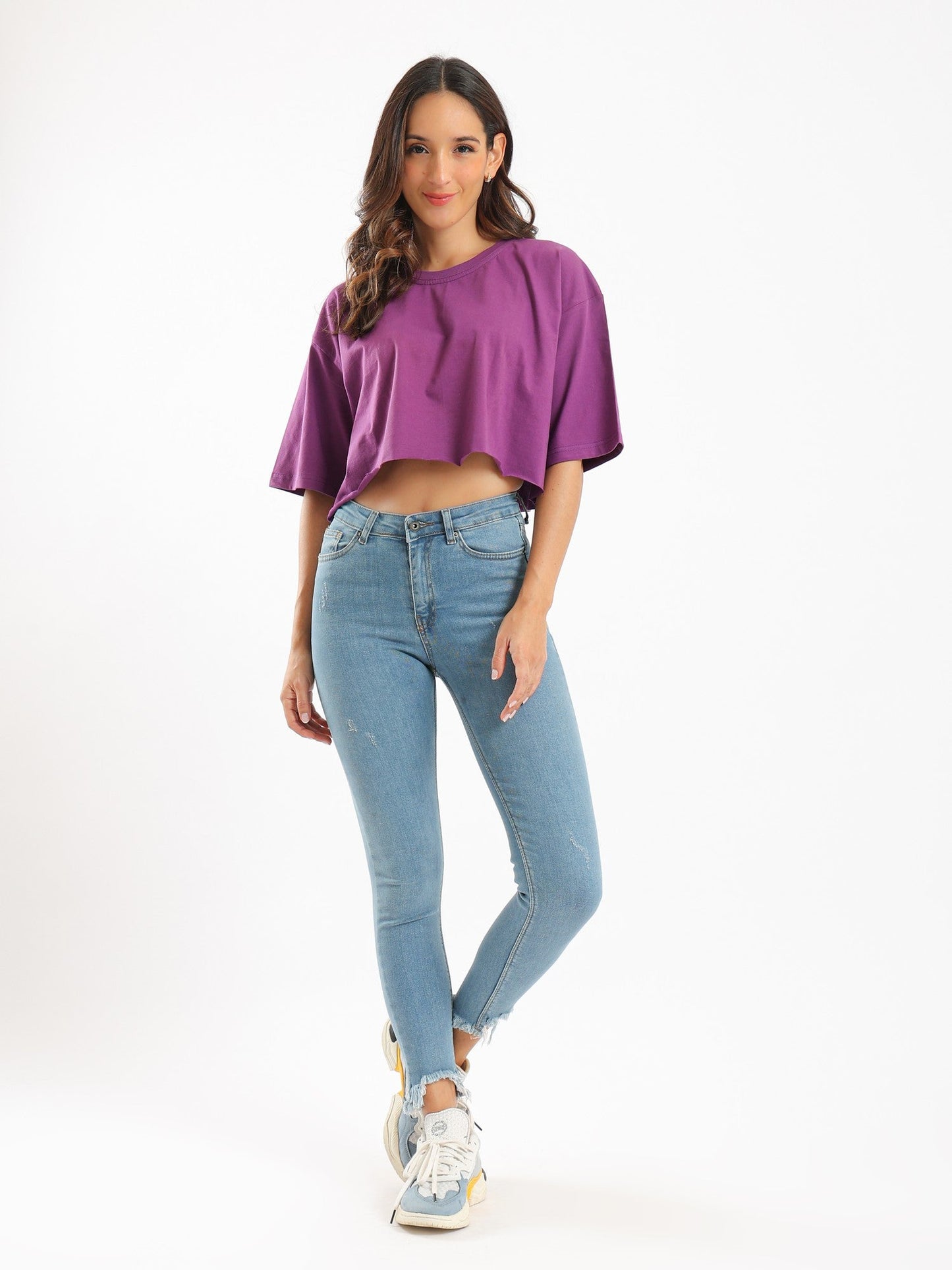 Cropped Oversized T-Shirt - Crew Neck - 3\4 Sleeves