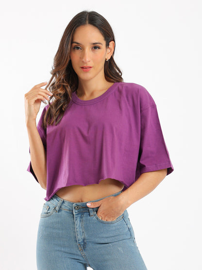 Cropped Oversized T-Shirt - Crew Neck - 3\4 Sleeves