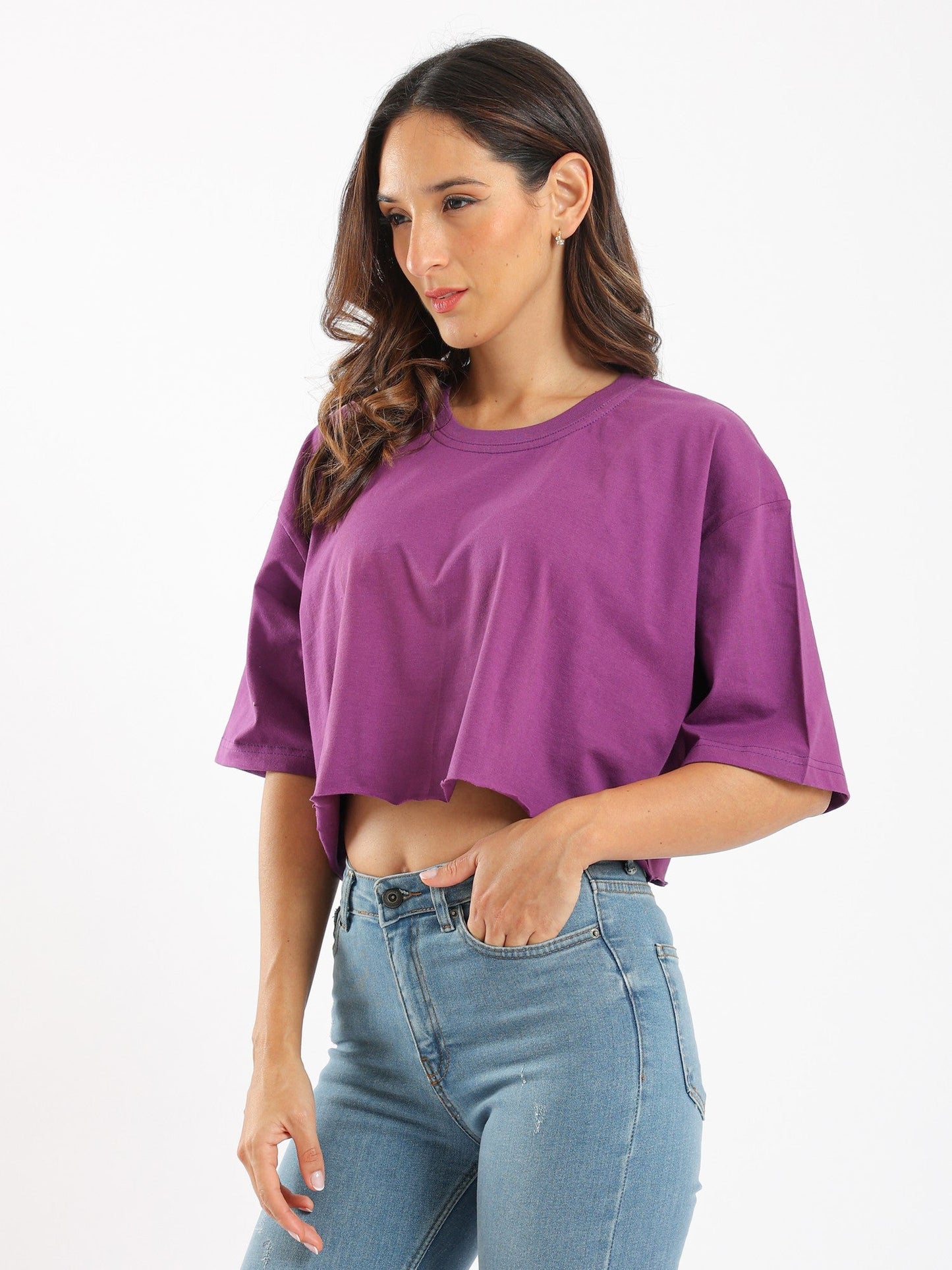 Cropped Oversized T-Shirt - Crew Neck - 3\4 Sleeves